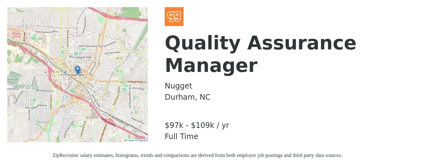 Nugget job posting for a Quality Assurance Manager in Durham, NC with a salary of $97,800 to $109,800 Yearly with a map of Durham location.