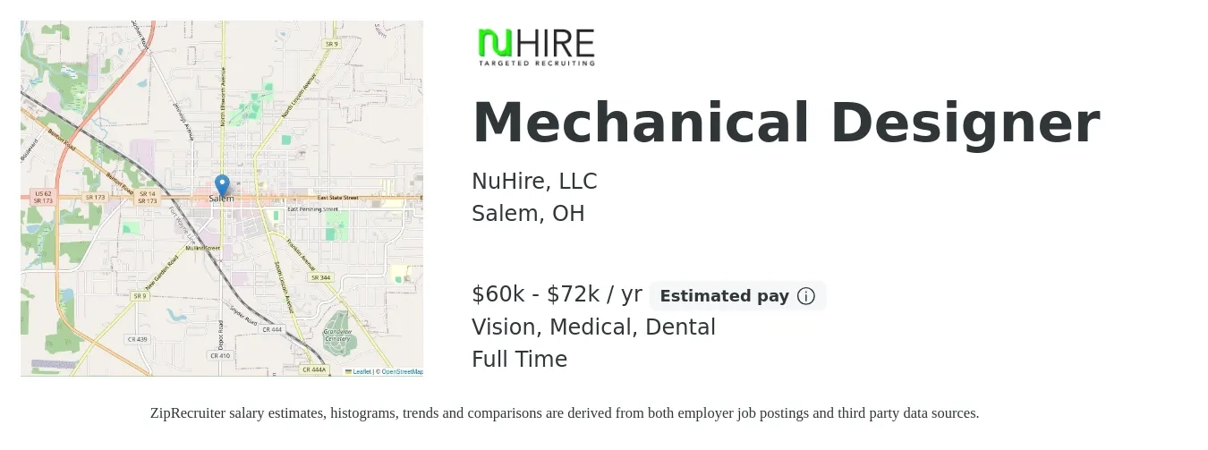 NuHire, LLC job posting for a Mechanical Designer in Salem, OH with a salary of $60,000 to $72,000 Yearly and benefits including life_insurance, medical, pto, retirement, vision, and dental with a map of Salem location.
