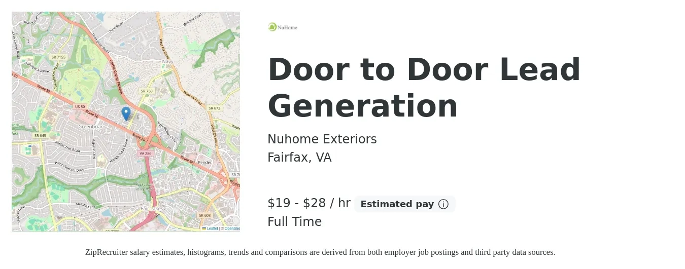 Nuhome Exteriors job posting for a Door to Door Lead Generation in Fairfax, VA with a salary of $20 to $30 Hourly (plus commission) with a map of Fairfax location.