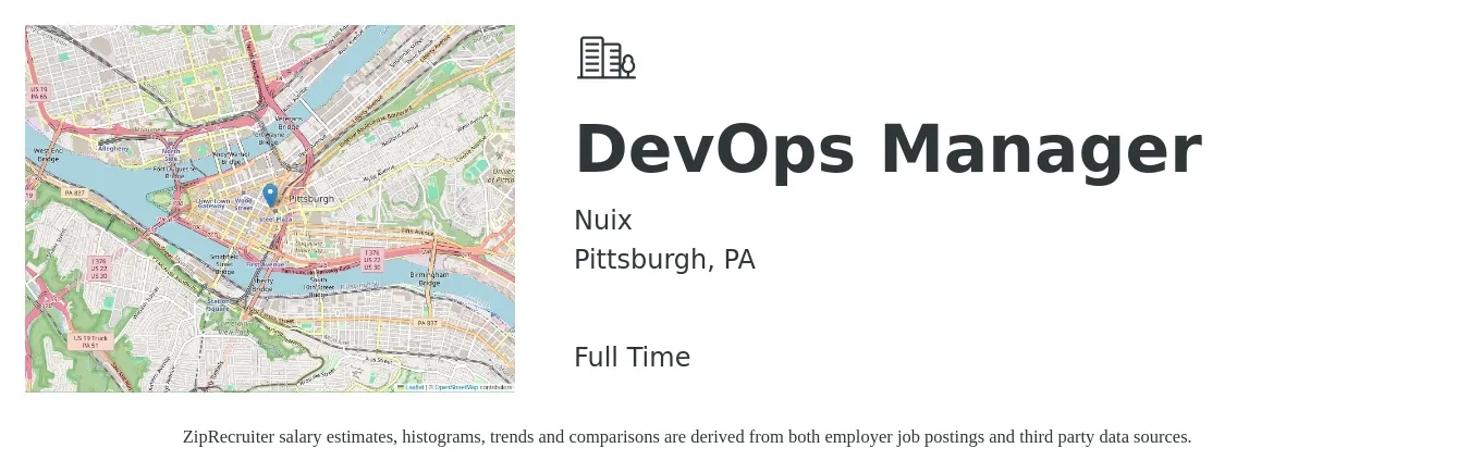 Nuix job posting for a DevOps Manager in Pittsburgh, PA with a salary of $51 to $70 Hourly with a map of Pittsburgh location.