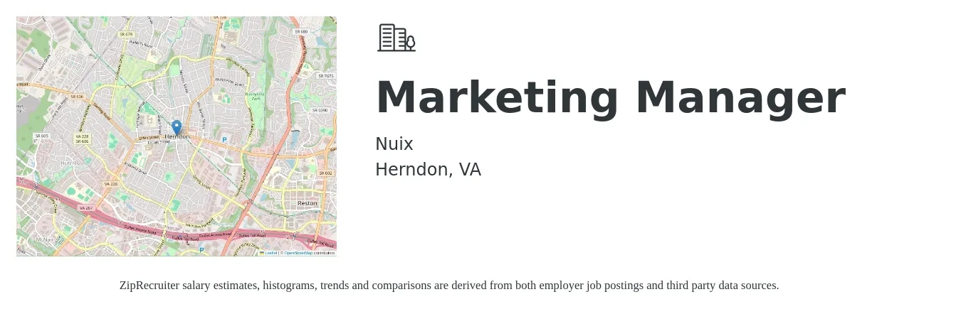 Nuix job posting for a Marketing Manager in Herndon, VA with a salary of $61,700 to $100,800 Yearly with a map of Herndon location.
