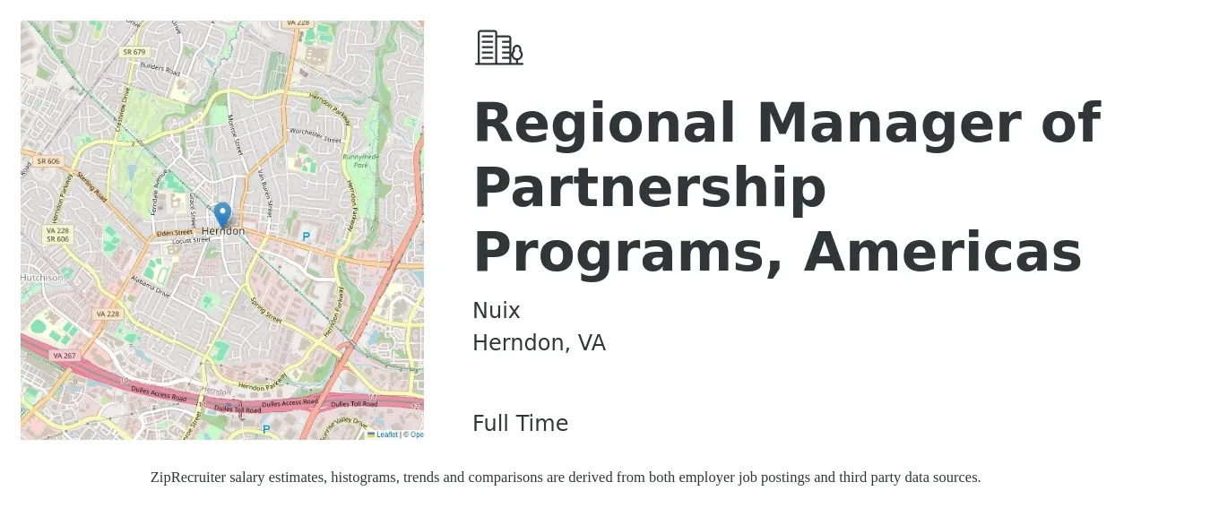Nuix job posting for a Regional Manager of Partnership Programs, Americas in Herndon, VA with a map of Herndon location.