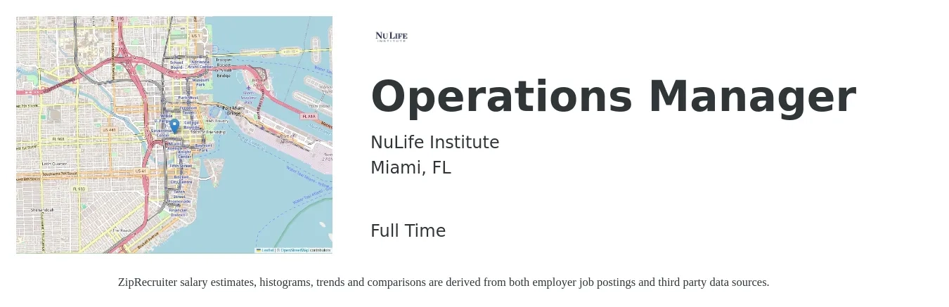 NuLife Institute job posting for a Operations Manager in Miami, FL with a salary of $39,200 to $74,100 Yearly with a map of Miami location.
