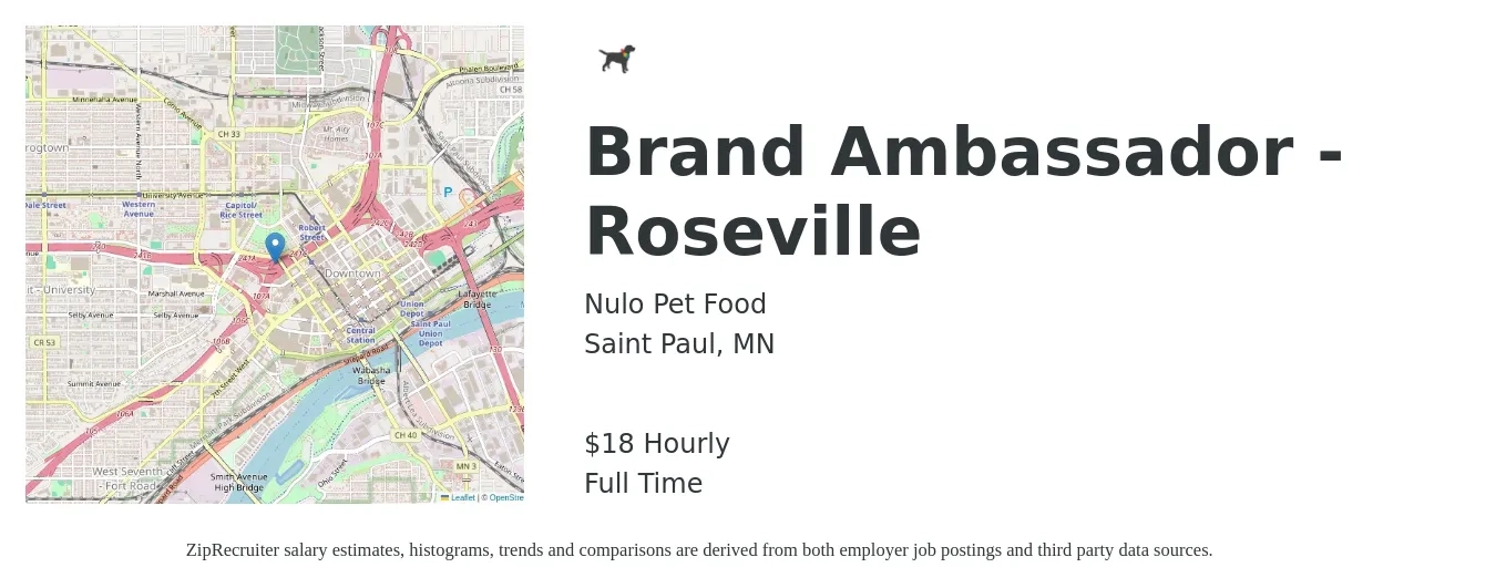 Nulo Pet Food job posting for a Brand Ambassador - Roseville in Saint Paul, MN with a salary of $19 Hourly with a map of Saint Paul location.