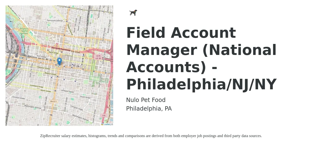 Nulo Pet Food job posting for a Field Account Manager (National Accounts) - Philadelphia/NJ/NY in Philadelphia, PA with a salary of $62,000 to $76,900 Yearly with a map of Philadelphia location.