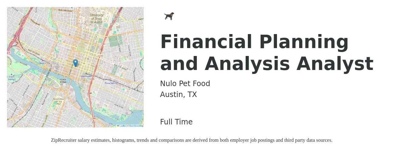 Nulo Pet Food job posting for a Financial Planning and Analysis Analyst in Austin, TX with a salary of $69,400 to $109,500 Yearly with a map of Austin location.