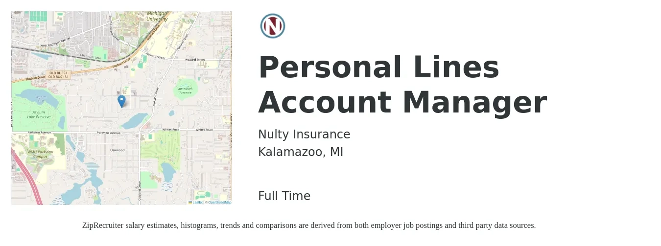 Nulty Insurance job posting for a Personal Lines Account Manager in Kalamazoo, MI with a salary of $40,500 to $55,000 Yearly with a map of Kalamazoo location.