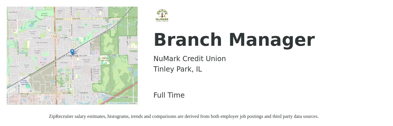 NuMark Credit Union job posting for a Branch Manager in Tinley Park, IL with a salary of $55,300 to $83,400 Yearly with a map of Tinley Park location.