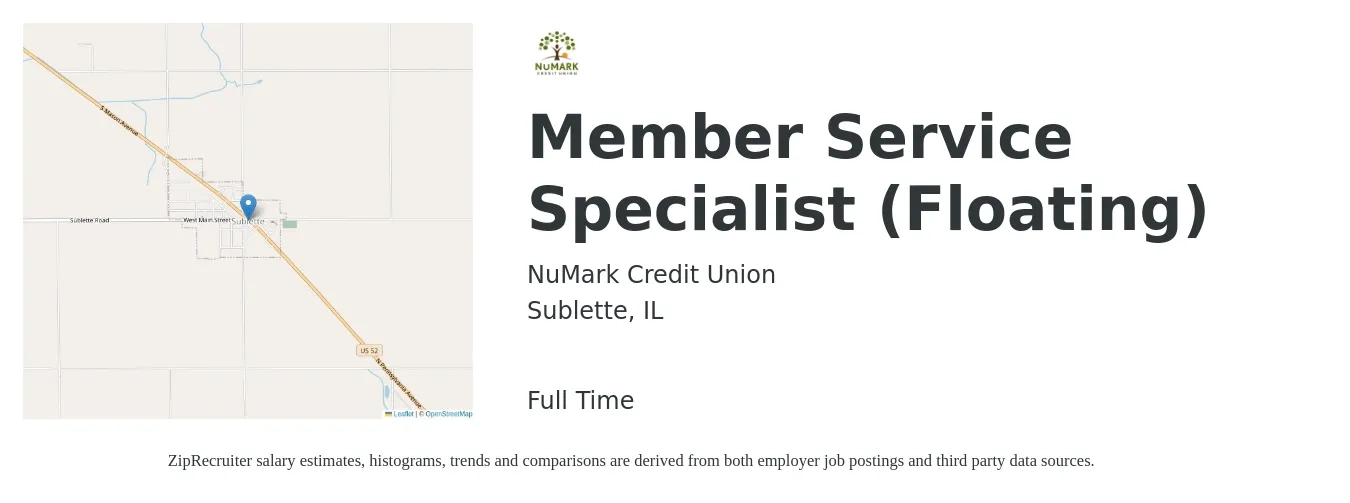 NuMark Credit Union job posting for a Member Service Specialist (Floating) in Sublette, IL with a salary of $16 to $20 Hourly with a map of Sublette location.