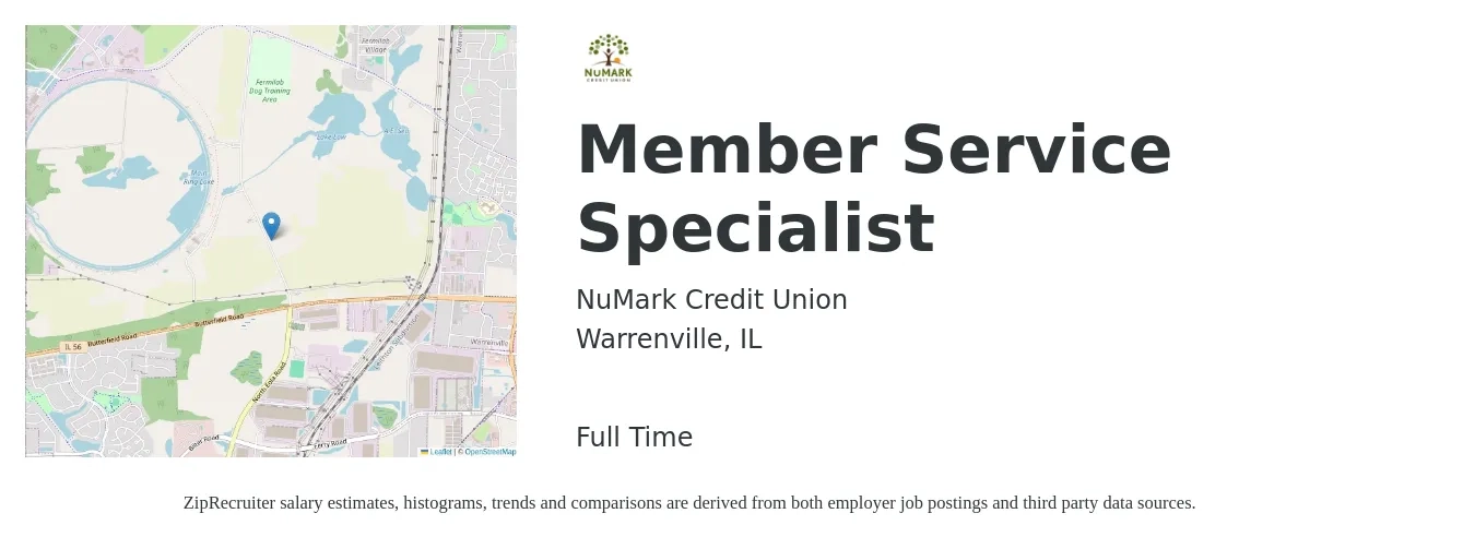 NuMark Credit Union job posting for a Member Service Specialist in Warrenville, IL with a salary of $17 to $22 Hourly with a map of Warrenville location.