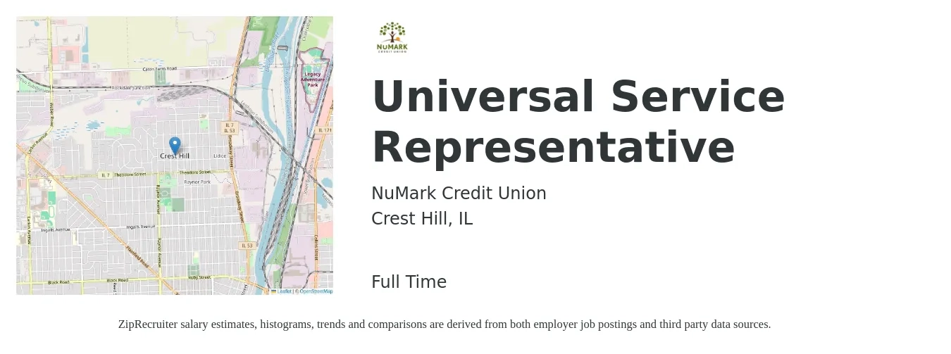 NuMark Credit Union job posting for a Universal Service Representative in Crest Hill, IL with a salary of $18 to $29 Hourly with a map of Crest Hill location.