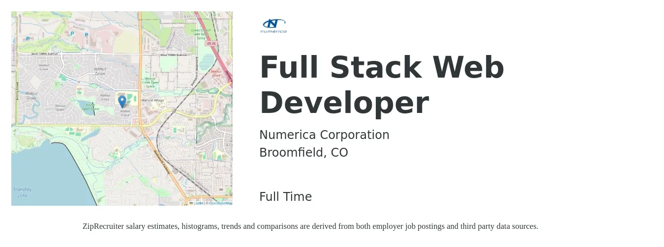 Numerica Corporation job posting for a Full Stack Web Developer in Broomfield, CO with a salary of $90,900 to $168,000 Yearly with a map of Broomfield location.
