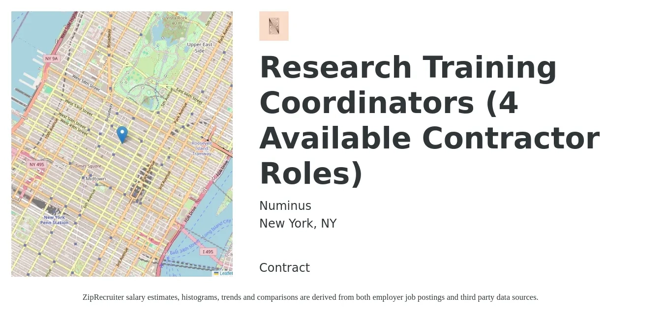 Numinus job posting for a Research Training Coordinators (4 Available Contractor Roles) in New York, NY with a salary of $50,900 to $76,600 Yearly with a map of New York location.