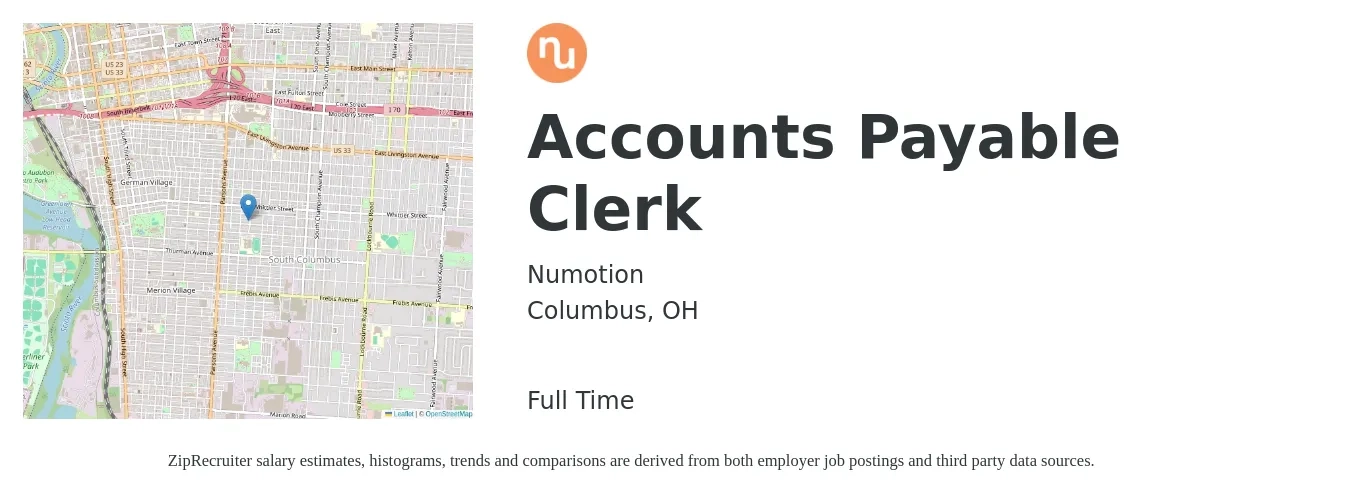 Numotion job posting for a Accounts Payable Clerk in Columbus, OH with a salary of $18 to $24 Hourly with a map of Columbus location.
