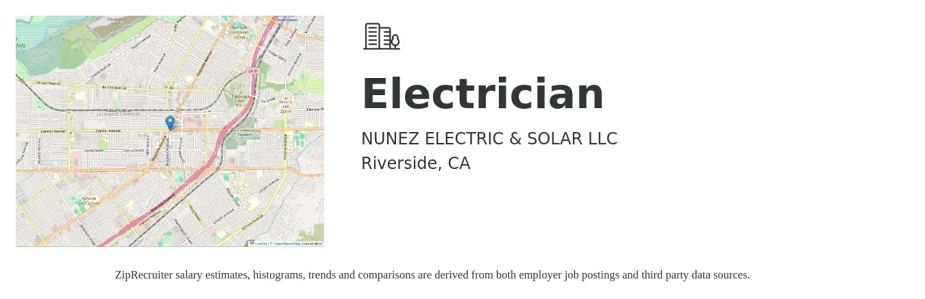 NUNEZ ELECTRIC & SOLAR LLC job posting for a Electrician in Riverside, CA with a salary of $25 to $40 Hourly with a map of Riverside location.