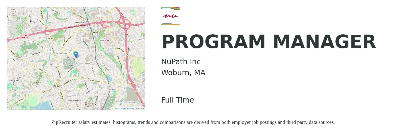NuPath Inc job posting for a PROGRAM MANAGER in Woburn, MA with a salary of $84,900 to $141,500 Yearly with a map of Woburn location.