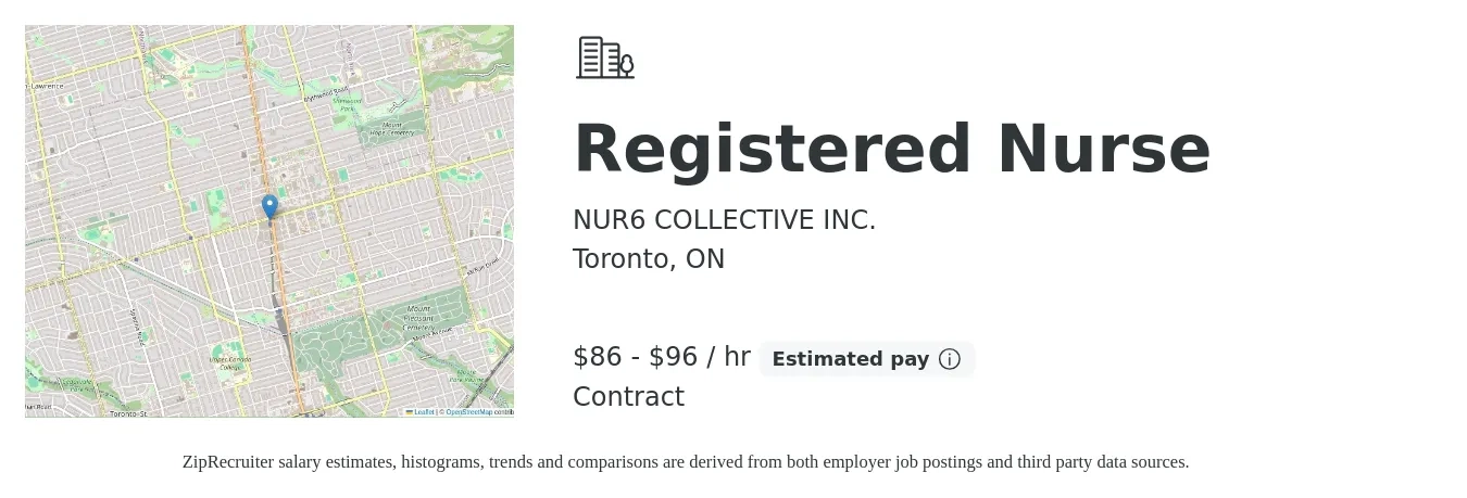 NUR6 COLLECTIVE INC. job posting for a Registered Nurse in Toronto, ON with a salary of $90 to $100 Hourly with a map of Toronto location.