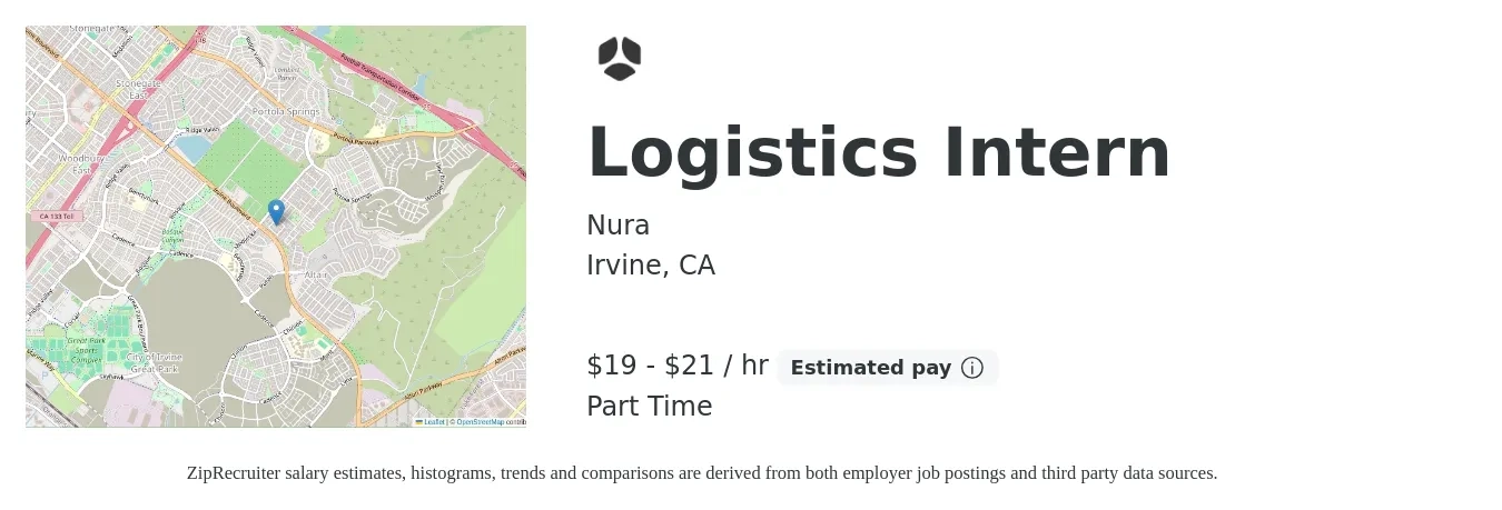 Nura job posting for a Logistics Intern in Irvine, CA with a salary of $20 to $22 Hourly with a map of Irvine location.