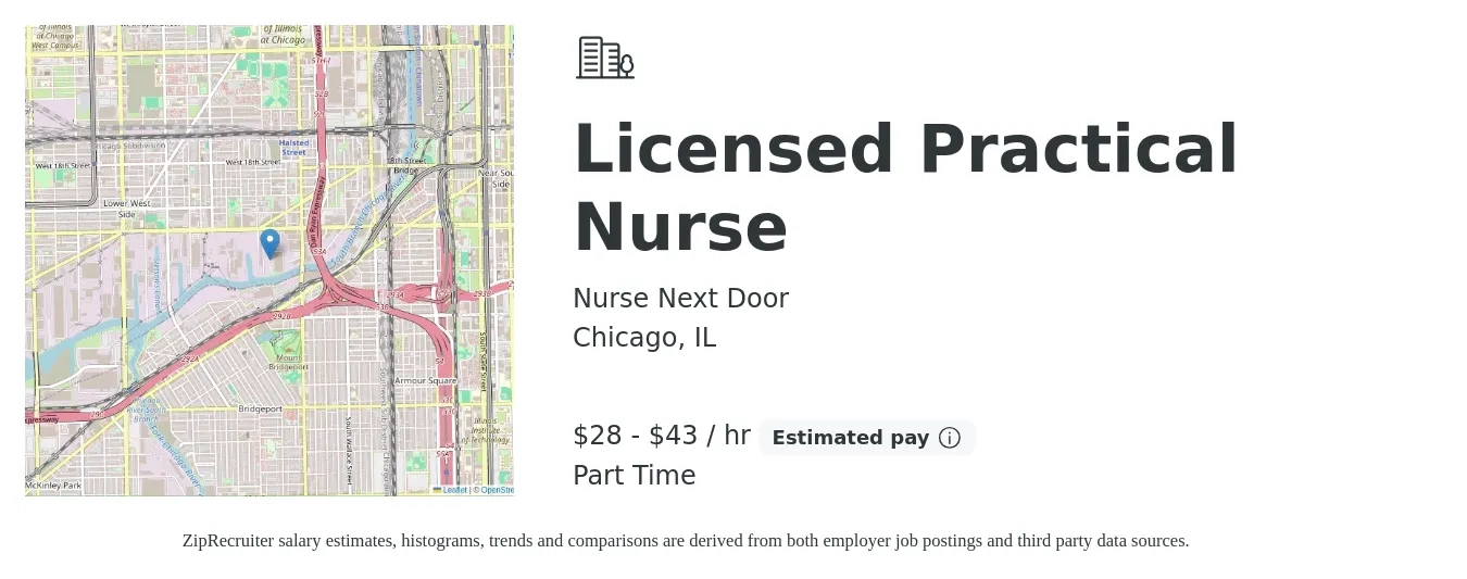 Nurse Next Door job posting for a Licensed Practical Nurse in Chicago, IL with a salary of $30 to $45 Hourly with a map of Chicago location.