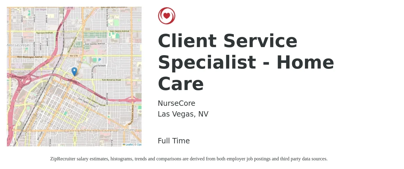 NurseCore job posting for a Client Service Specialist - Home Care in Las Vegas, NV with a salary of $17 to $22 Hourly with a map of Las Vegas location.