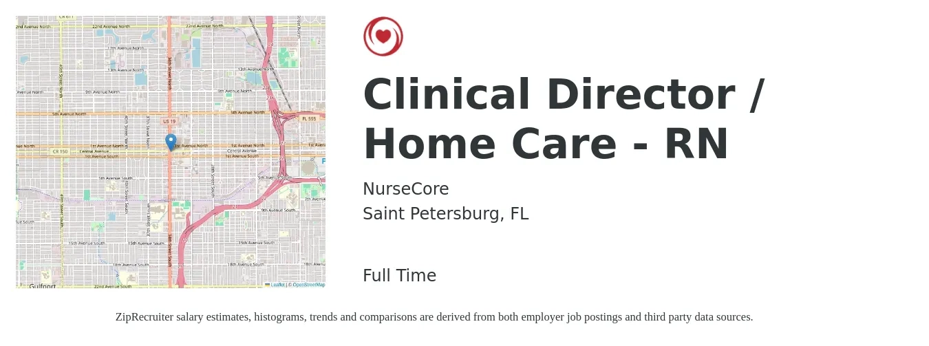 NurseCore job posting for a Clinical Director / Home Care - RN in Saint Petersburg, FL with a salary of $74,600 to $112,900 Yearly with a map of Saint Petersburg location.