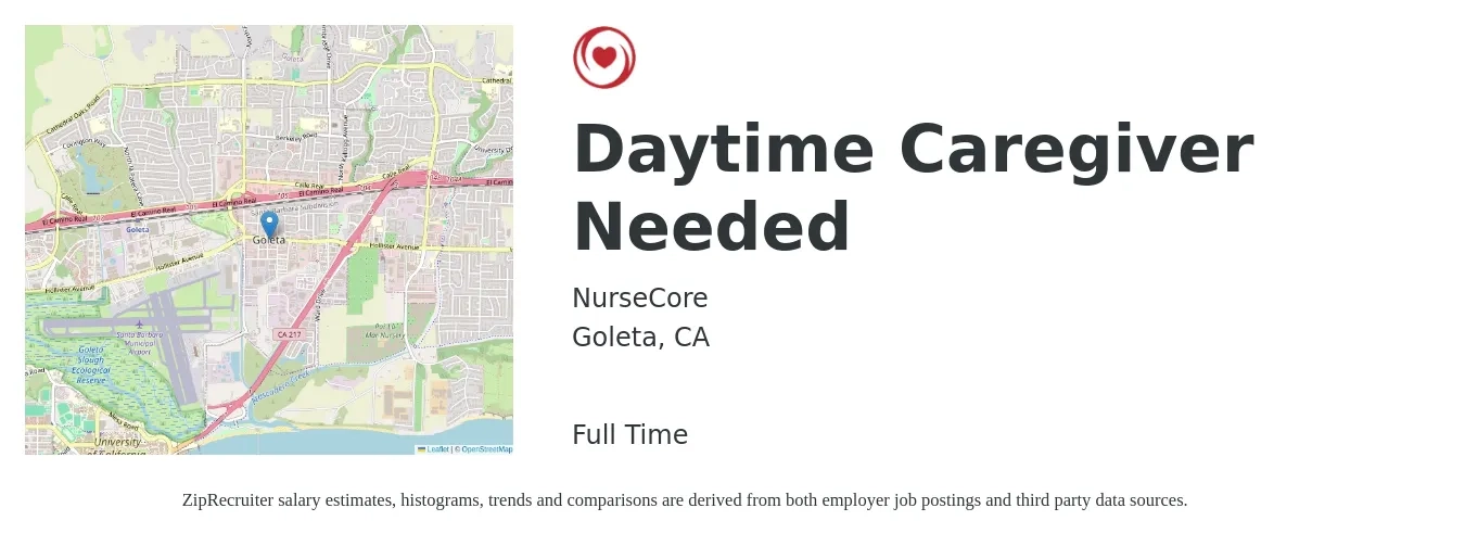 NurseCore job posting for a Daytime Caregiver Needed in Goleta, CA with a salary of $16 to $20 Hourly with a map of Goleta location.