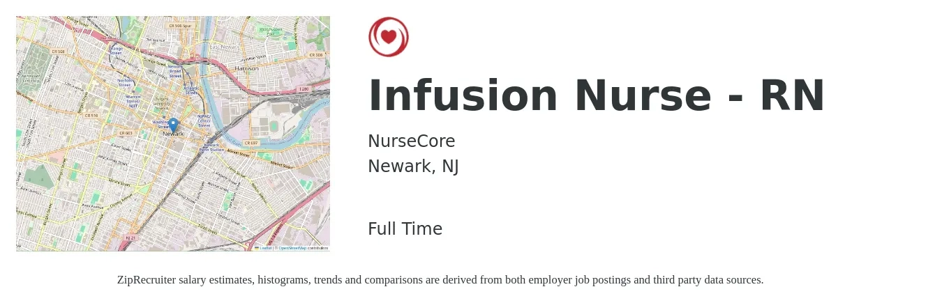 NurseCore job posting for a Infusion Nurse - RN in Newark, NJ with a salary of $36 to $56 Hourly with a map of Newark location.