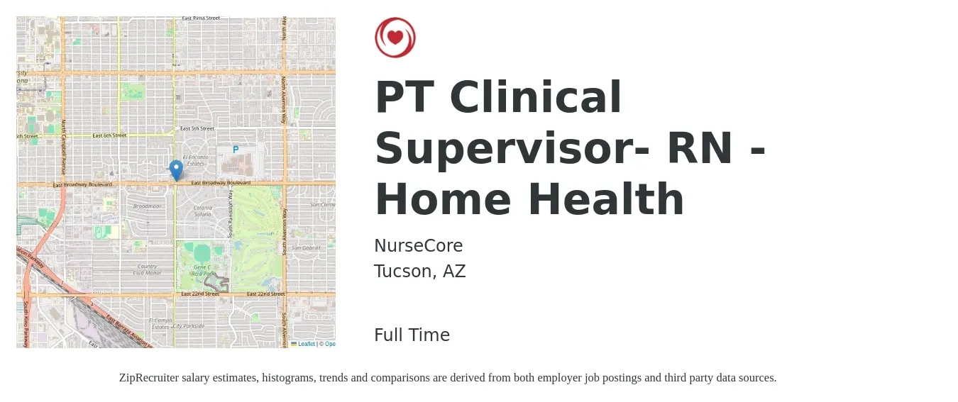 NurseCore job posting for a PT Clinical Supervisor- RN - Home Health in Tucson, AZ with a salary of $67,100 to $98,800 Yearly with a map of Tucson location.