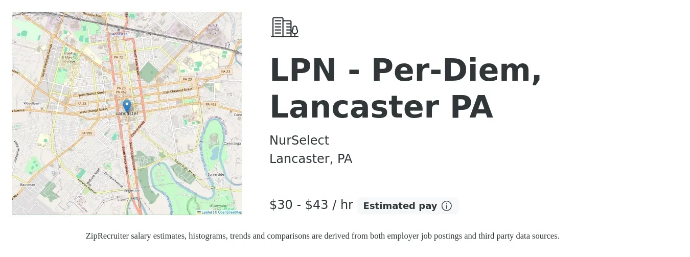 NurSelect job posting for a LPN - Per-Diem, Lancaster PA in Lancaster, PA with a salary of $32 to $45 Hourly with a map of Lancaster location.