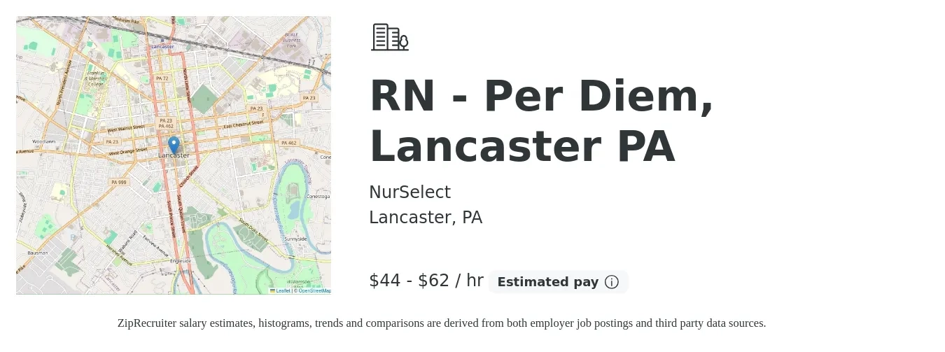NurSelect job posting for a RN - Per Diem, Lancaster PA in Lancaster, PA with a salary of $46 to $65 Hourly with a map of Lancaster location.