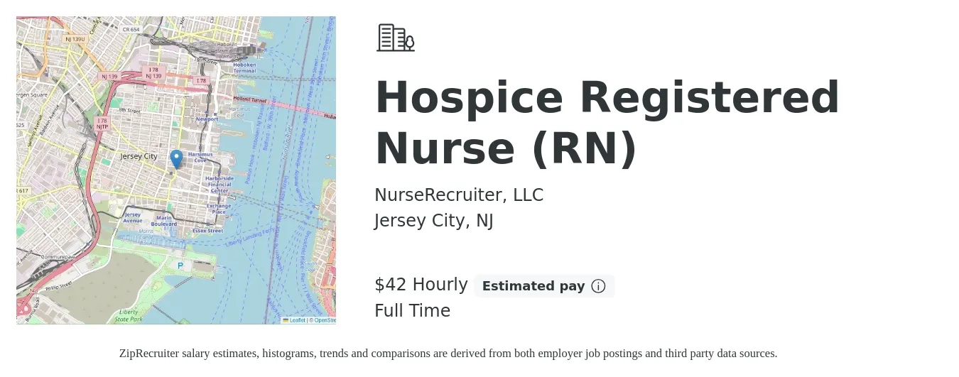 NurseRecruiter, LLC job posting for a Hospice Registered Nurse (RN) in Jersey City, NJ with a salary of $44 Hourly with a map of Jersey City location.