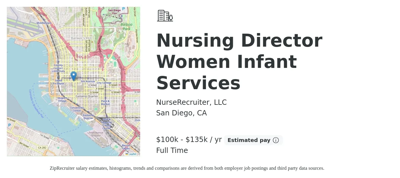 NurseRecruiter, LLC job posting for a Nursing Director Women Infant Services in San Diego, CA with a salary of $100,000 to $135,000 Yearly with a map of San Diego location.