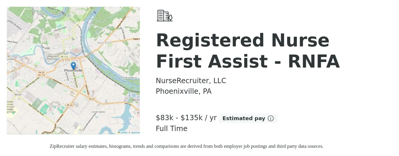 NurseRecruiter, LLC job posting for a Registered Nurse First Assist - RNFA in Phoenixville, PA with a salary of $83,200 to $135,000 Yearly with a map of Phoenixville location.