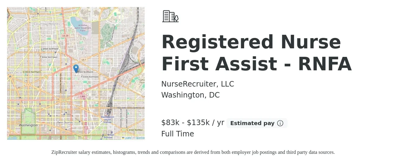 NurseRecruiter, LLC job posting for a Registered Nurse First Assist - RNFA in Washington, DC with a salary of $83,200 to $135,000 Yearly with a map of Washington location.