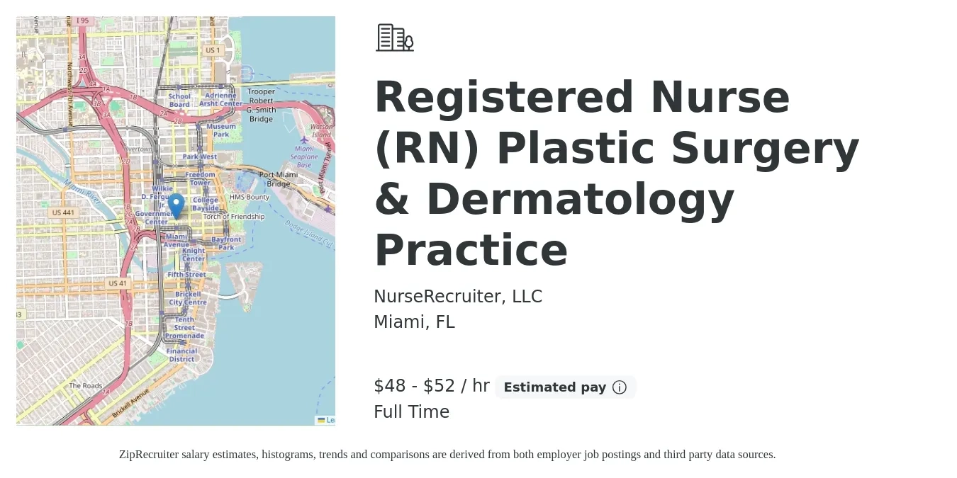 NurseRecruiter, LLC job posting for a Registered Nurse (RN) Plastic Surgery & Dermatology Practice in Miami, FL with a salary of $50 to $55 Hourly with a map of Miami location.