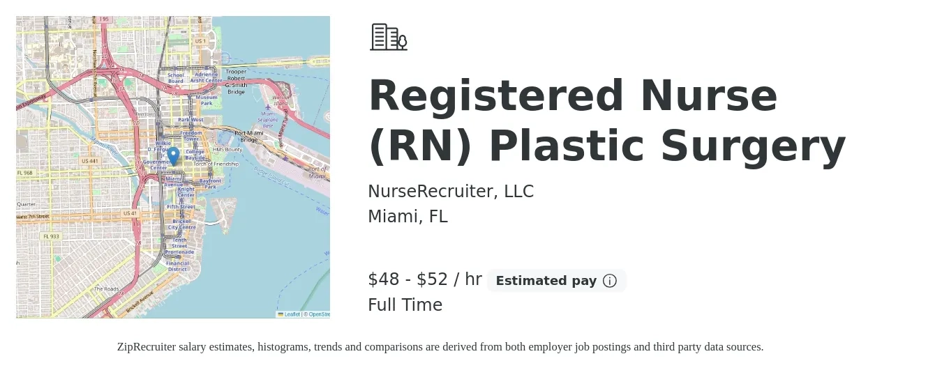 NurseRecruiter, LLC job posting for a Registered Nurse (RN) Plastic Surgery in Miami, FL with a salary of $50 to $55 Hourly with a map of Miami location.