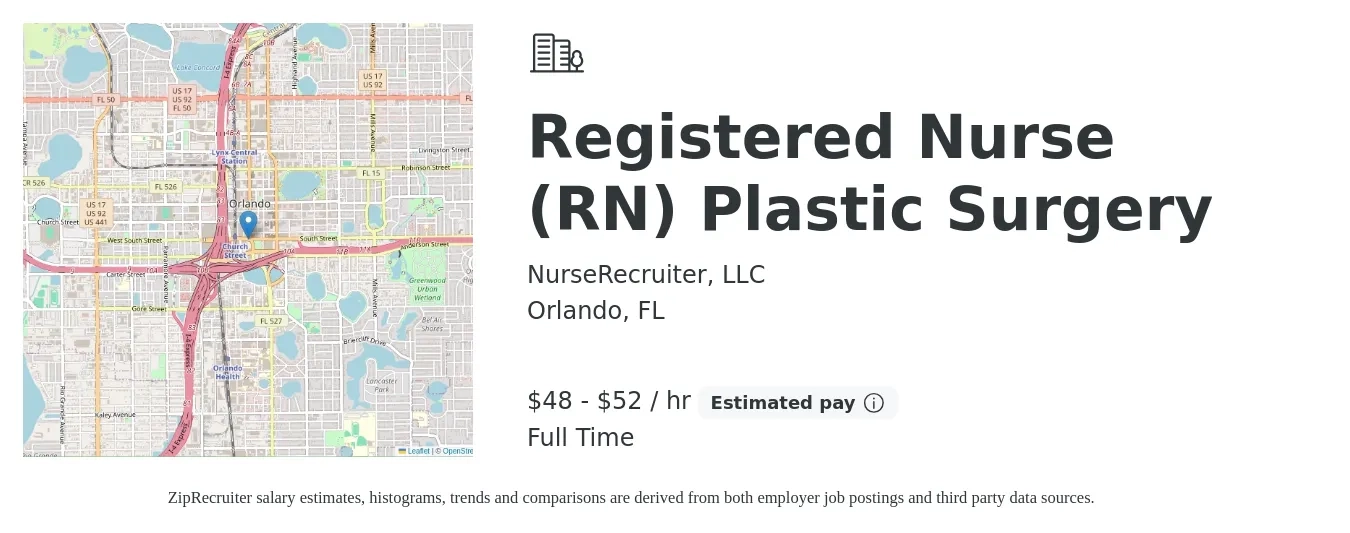 NurseRecruiter, LLC job posting for a Registered Nurse (RN) Plastic Surgery in Orlando, FL with a salary of $50 to $55 Hourly with a map of Orlando location.