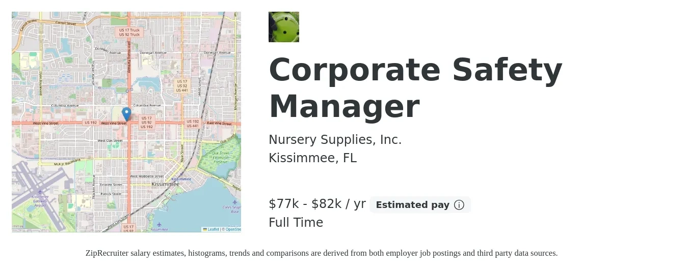 Nursery Supplies, Inc. job posting for a Corporate Safety Manager in Kissimmee, FL with a salary of $77,000 to $82,000 Yearly with a map of Kissimmee location.