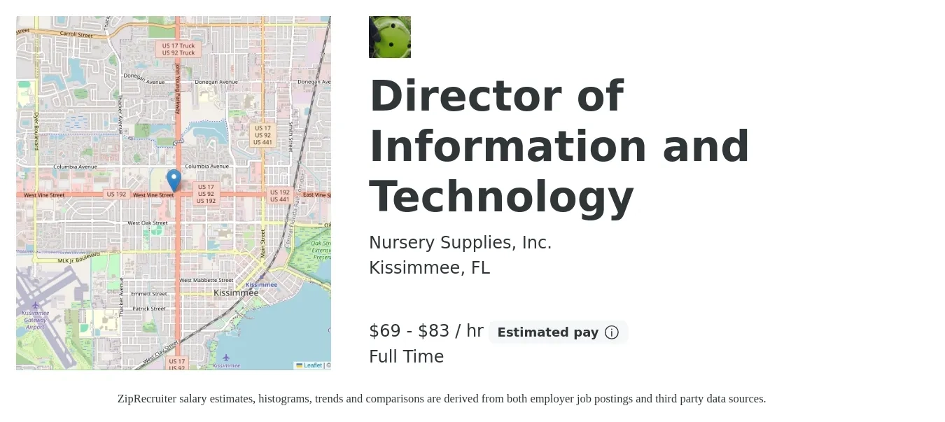 Nursery Supplies, Inc. job posting for a Director of Information and Technology in Kissimmee, FL with a salary of $72 to $87 Hourly with a map of Kissimmee location.