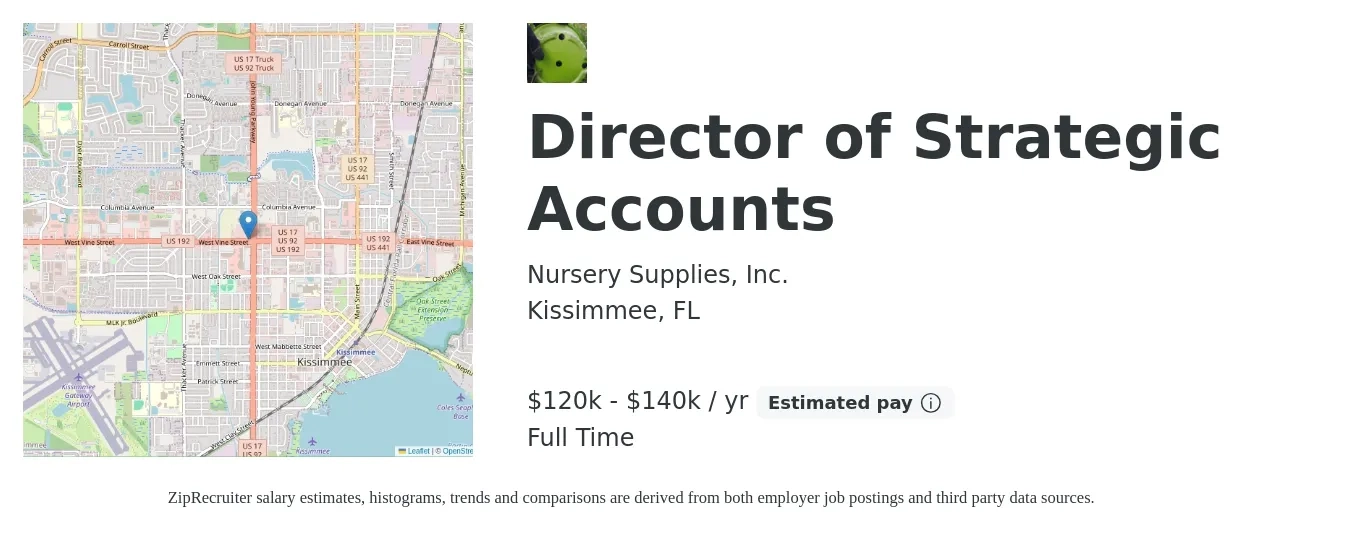 Nursery Supplies, Inc. job posting for a Director of Strategic Accounts in Kissimmee, FL with a salary of $120,000 to $140,000 Yearly with a map of Kissimmee location.