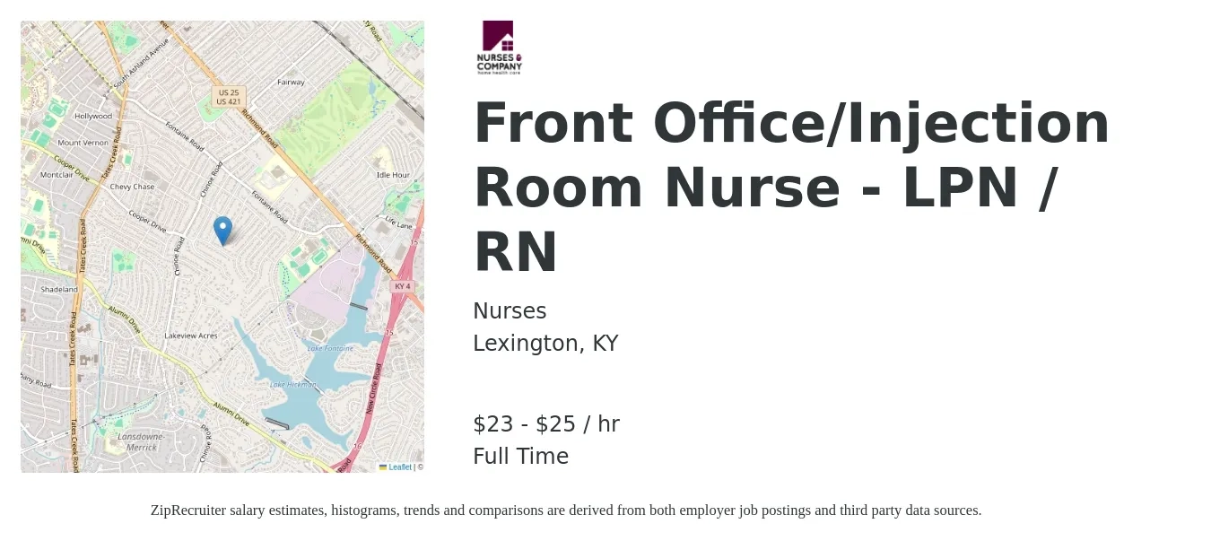 Nurses job posting for a Front Office/Injection Room Nurse - LPN / RN in Lexington, KY with a salary of $24 to $26 Hourly with a map of Lexington location.