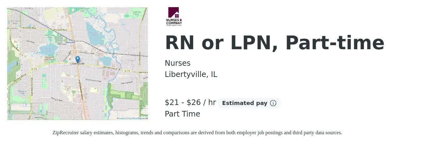 Nurses job posting for a RN or LPN, Part-time in Libertyville, IL with a salary of $22 to $28 Hourly with a map of Libertyville location.