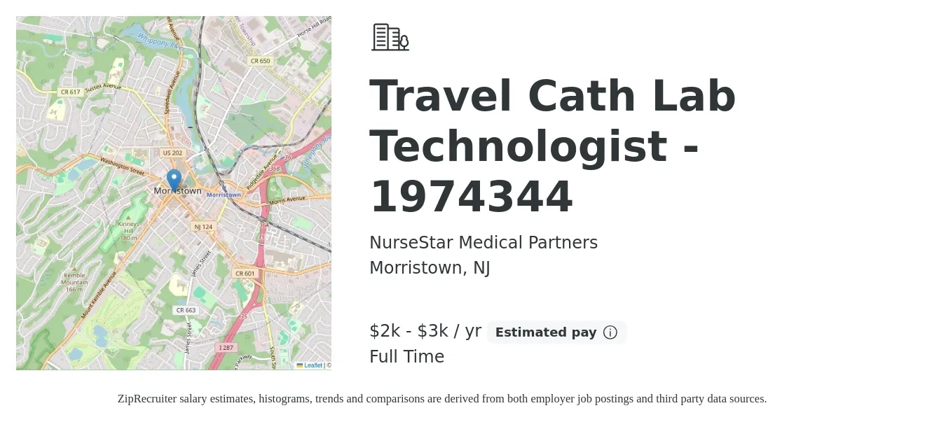NurseStar Medical Partners job posting for a Travel Cath Lab Technologist - 1974344 in Morristown, NJ with a salary of $2,800 to $3,000 Yearly with a map of Morristown location.