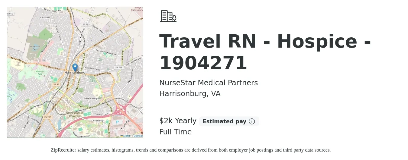 NurseStar Medical Partners job posting for a Travel RN - Hospice - 1904271 in Harrisonburg, VA with a salary of $2,000 to $2,200 Yearly with a map of Harrisonburg location.