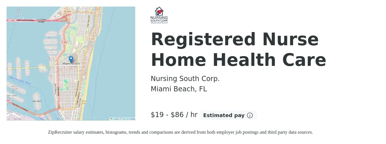 Nursing South Corp. job posting for a Registered Nurse Home Health Care in Miami Beach, FL with a salary of $20 to $90 Hourly with a map of Miami Beach location.