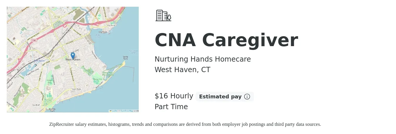 Nurturing Hands Homecare job posting for a CNA Caregiver in West Haven, CT with a salary of $17 Hourly with a map of West Haven location.