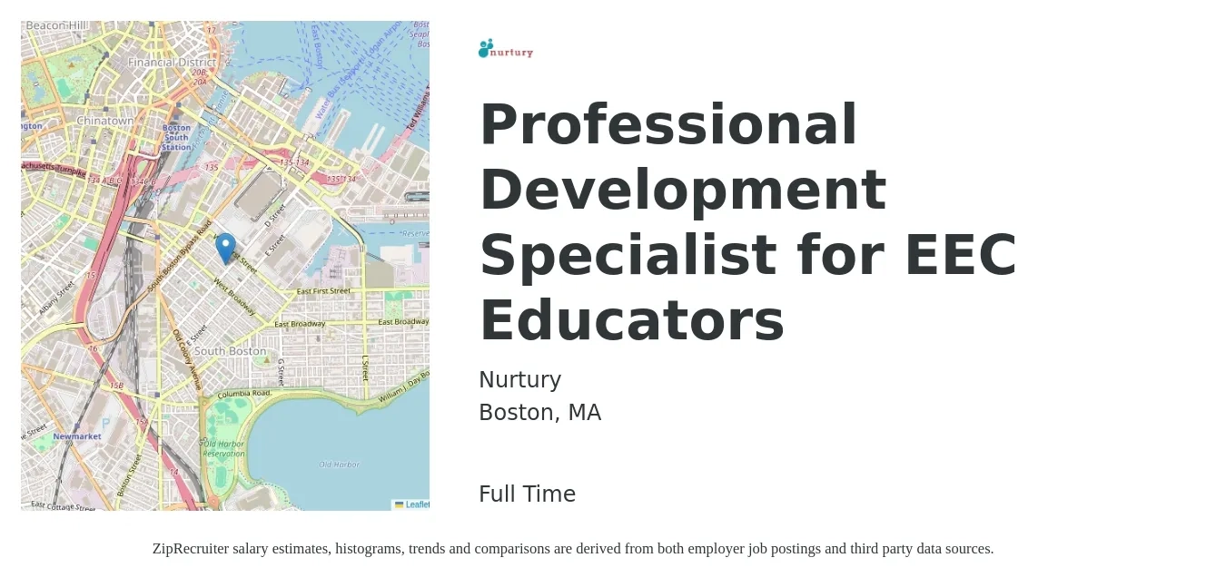 Nurtury job posting for a Professional Development Specialist for EEC Educators in Boston, MA with a salary of $46,900 to $68,500 Yearly with a map of Boston location.