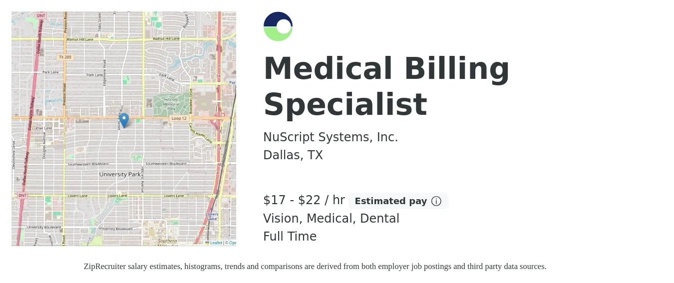 NuScript Systems, Inc. job posting for a Medical Billing Specialist in Dallas, TX with a salary of $18 to $23 Hourly and benefits including dental, life_insurance, medical, and vision with a map of Dallas location.