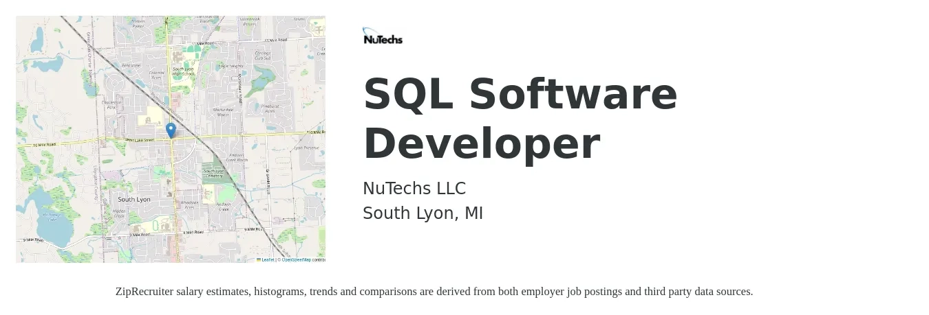 NuTechs LLC job posting for a SQL Software Developer in South Lyon, MI with a salary of $70,000 to $90,000 Yearly with a map of South Lyon location.