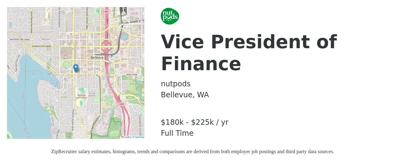nutpods job posting for a Vice President of Finance in Bellevue, WA with a salary of $180,000 to $225,000 Yearly with a map of Bellevue location.